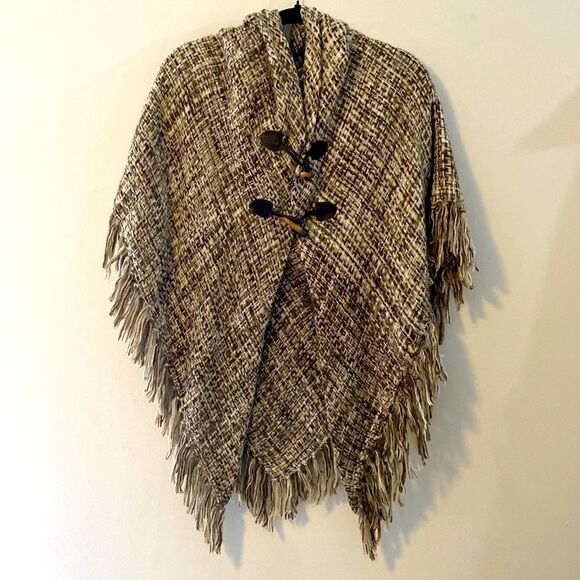 NWOT, Brown & Tan Knit Poncho, Fastens at Chest w/Hood, Never Been Worn - Picture 1 of 8